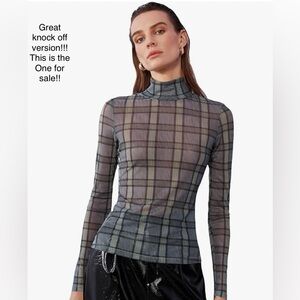 Plaid Turtleneck Mesh Long Sleeve Top in Gray